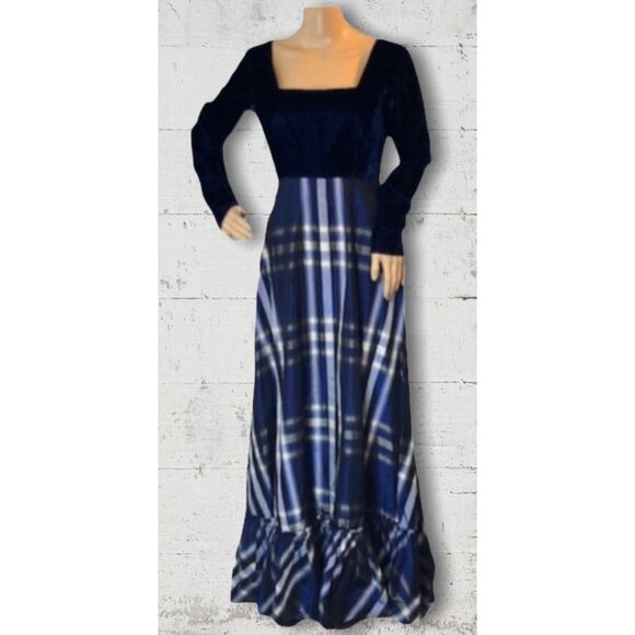 Neiman Marcus Vintage 1960s Velvet & Plaid Victorian Maxi Dress Small - Picture 2 of 10